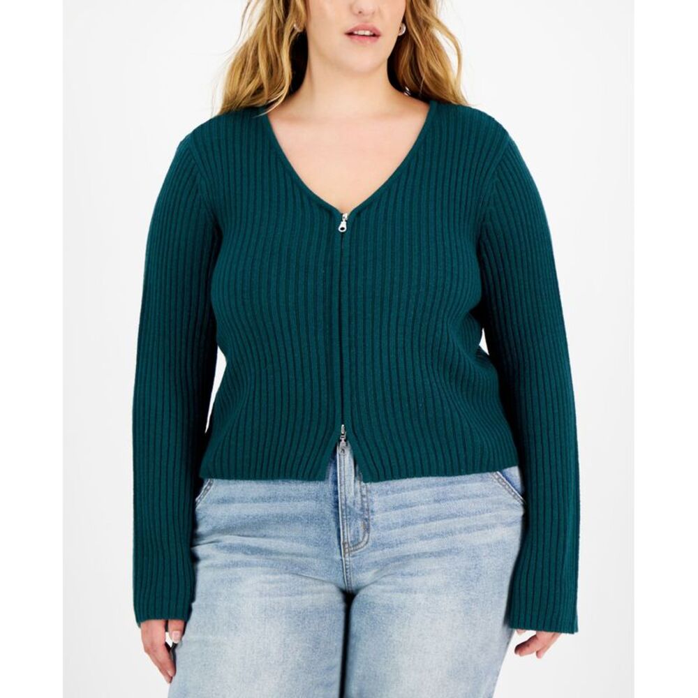 Trendy Plus Size V-Neck Zip-Up Sweater
